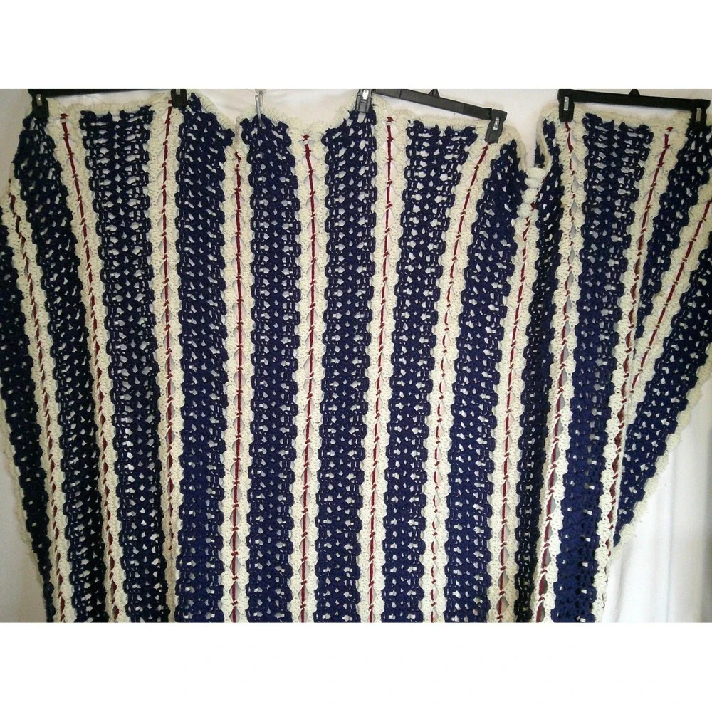 Vintage Handmade Crochet Blanket Patriotic Red White Blue Large Queen Size 96x88